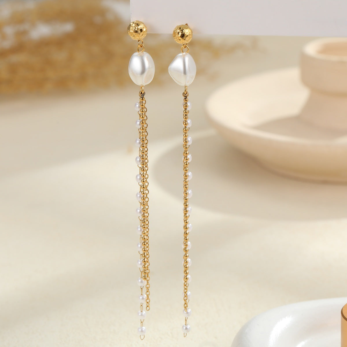 Long Tassel Pearl Earrings in Stainless Steel