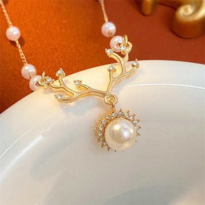 Antler Pearl Gold Drop Necklace