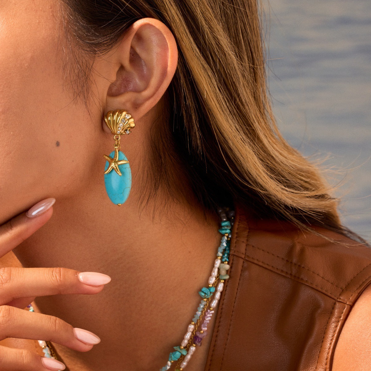 Natural Turquoise Stone Drop Earrings