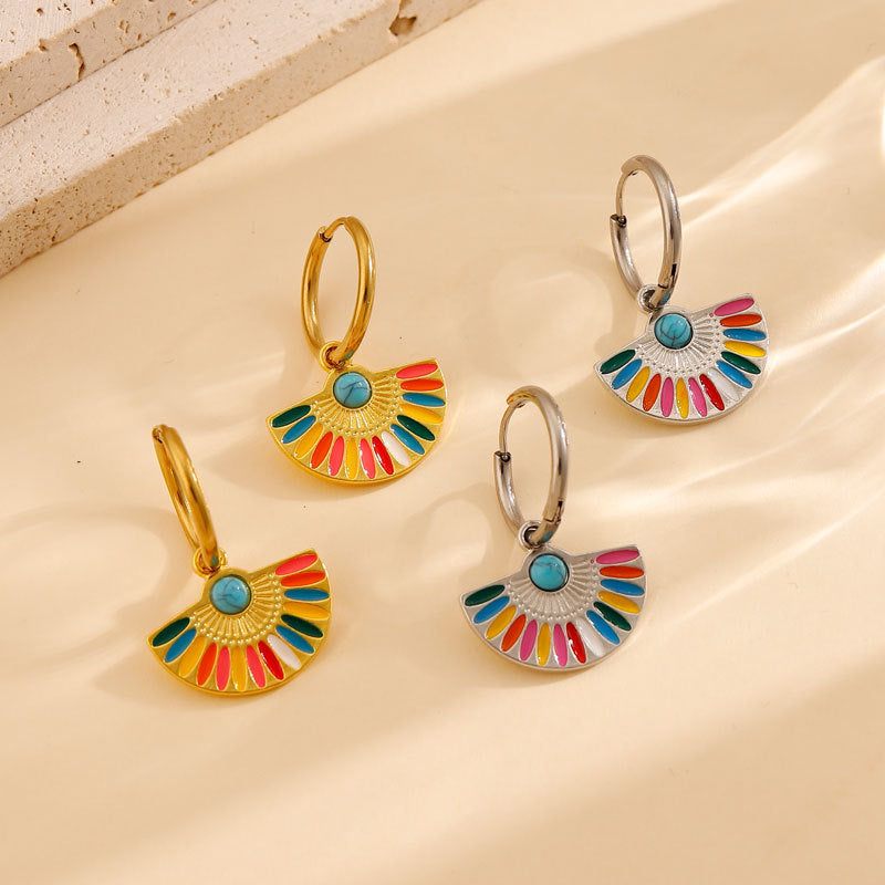 Oil Dripping Color Fan-shaped Circle Stitch Earrings
