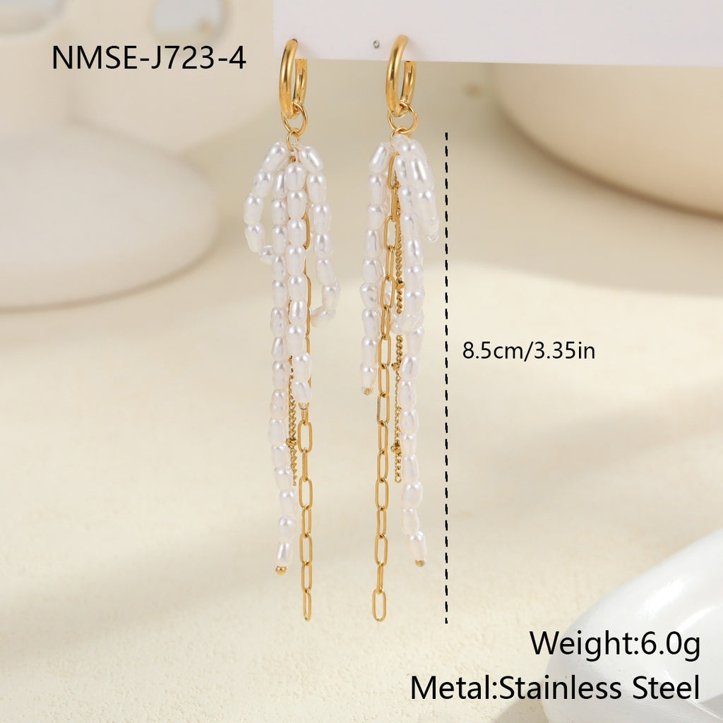 Long Tassel Pearl Earrings in Stainless Steel