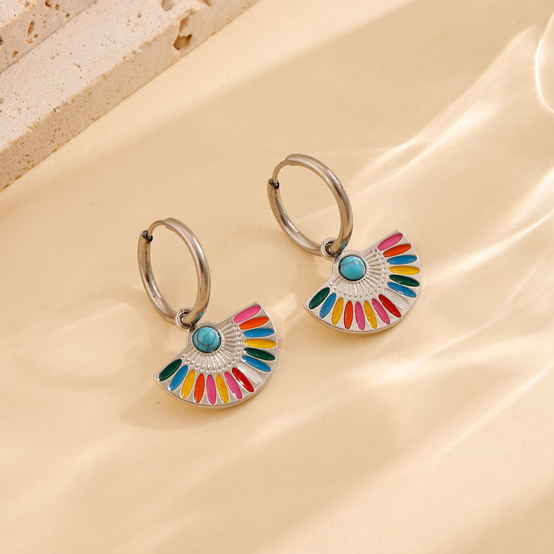 Oil Dripping Color Fan-shaped Circle Stitch Earrings