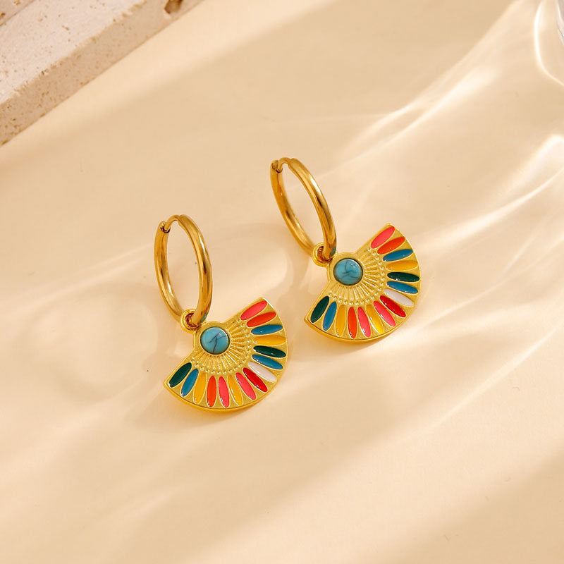 Oil Dripping Color Fan-shaped Circle Stitch Earrings