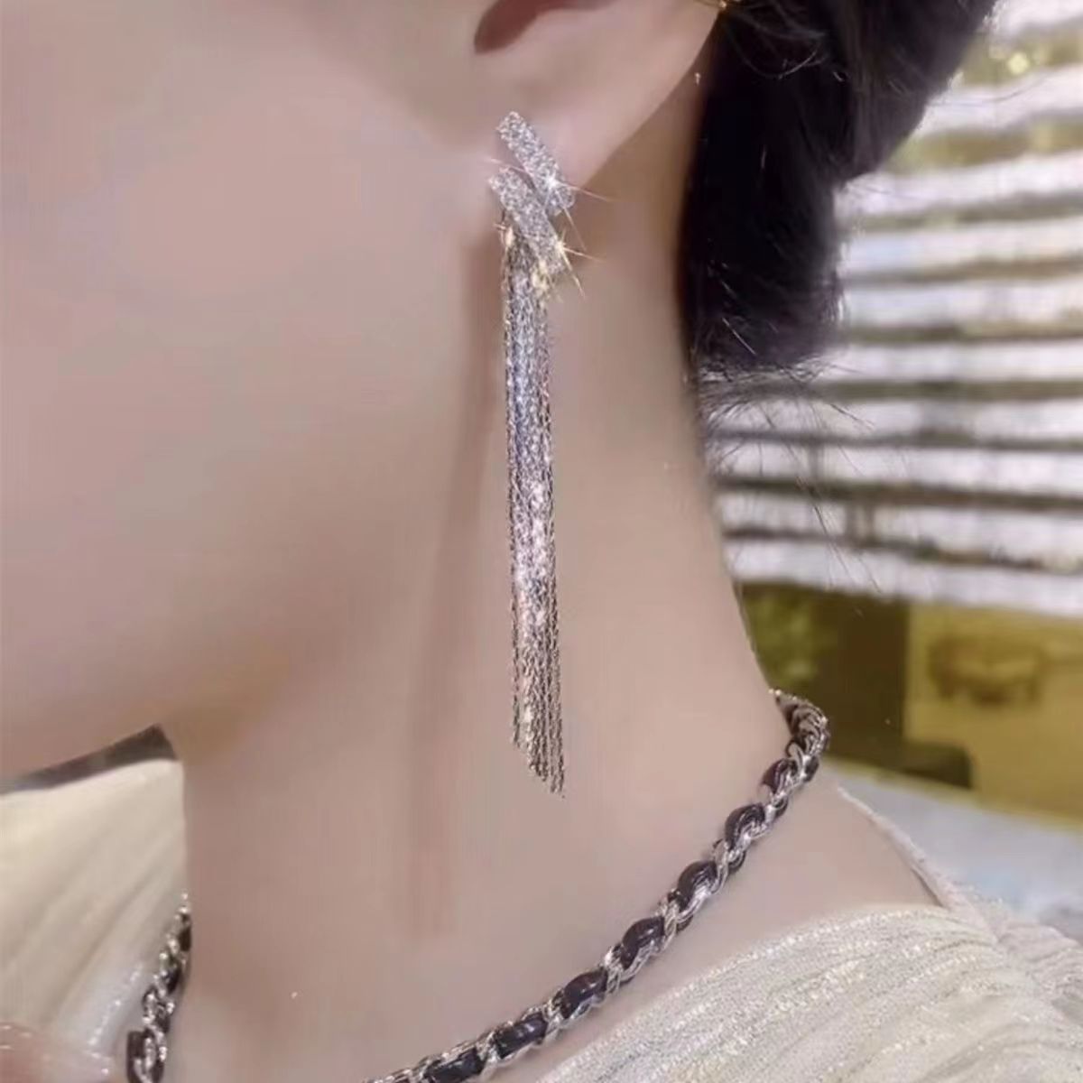 Aqua Drop Tassel Earrings