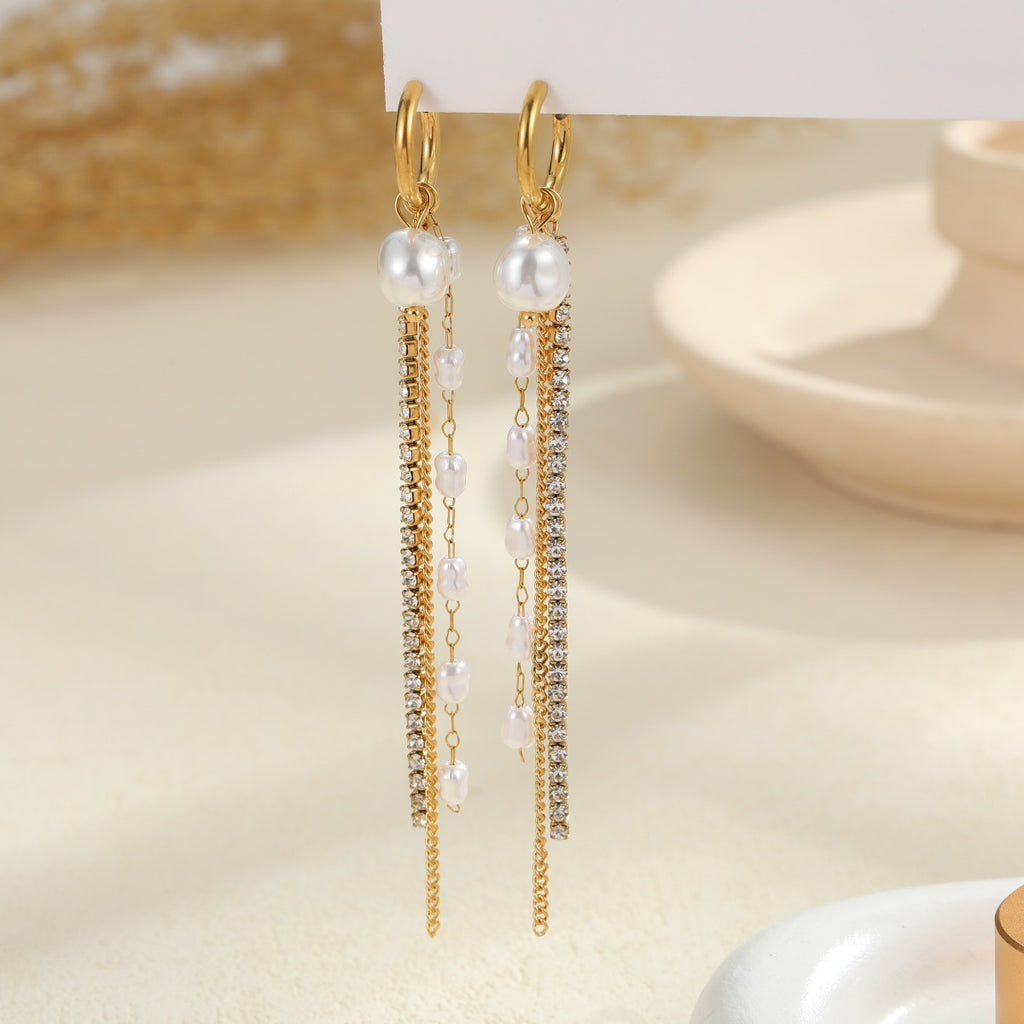 Long Tassel Pearl Earrings in Stainless Steel