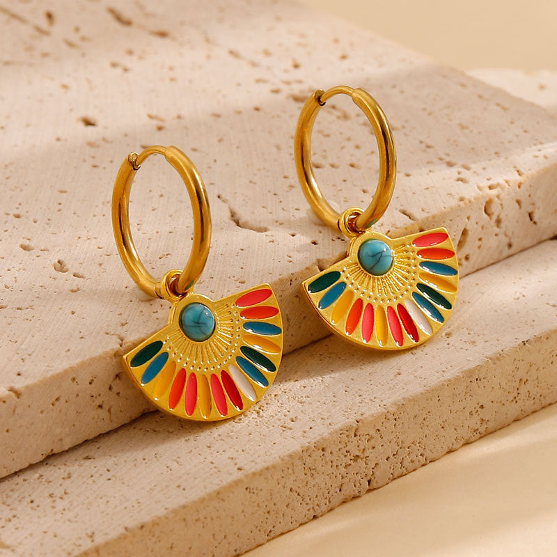 Oil Dripping Color Fan-shaped Circle Stitch Earrings
